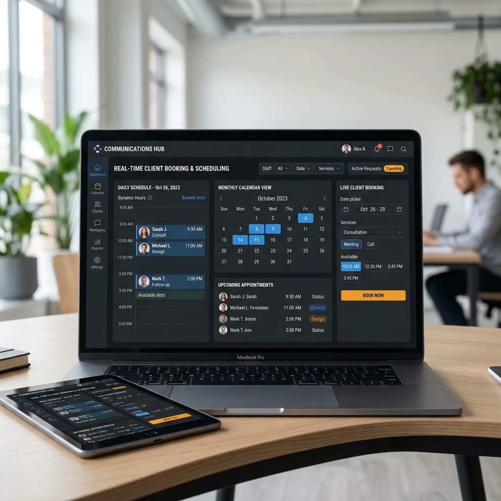Clean clean communications station mock-up displaying real-time responsive client calendar tools