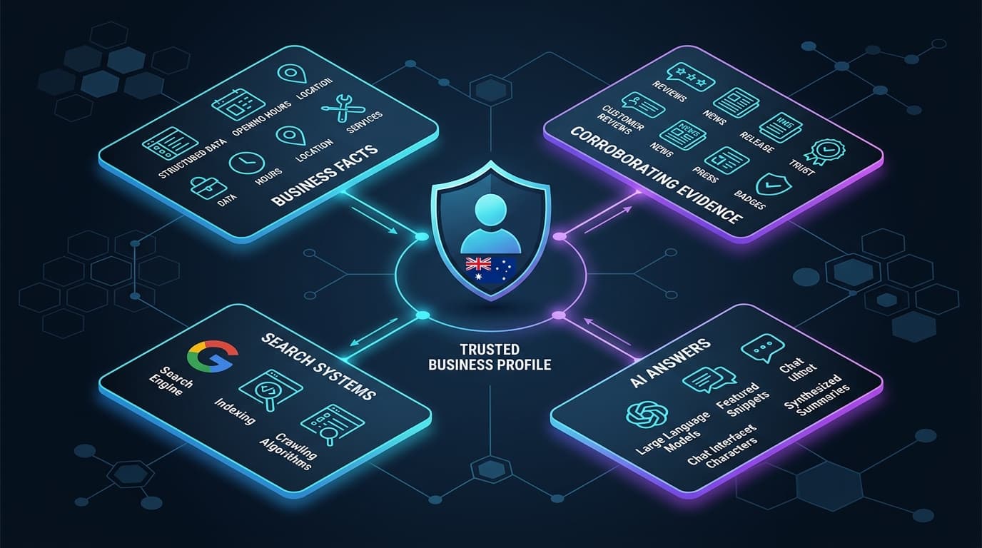 A graphic illustrating how verified business facts and trusted evidence support visibility in conversational AI search answers.