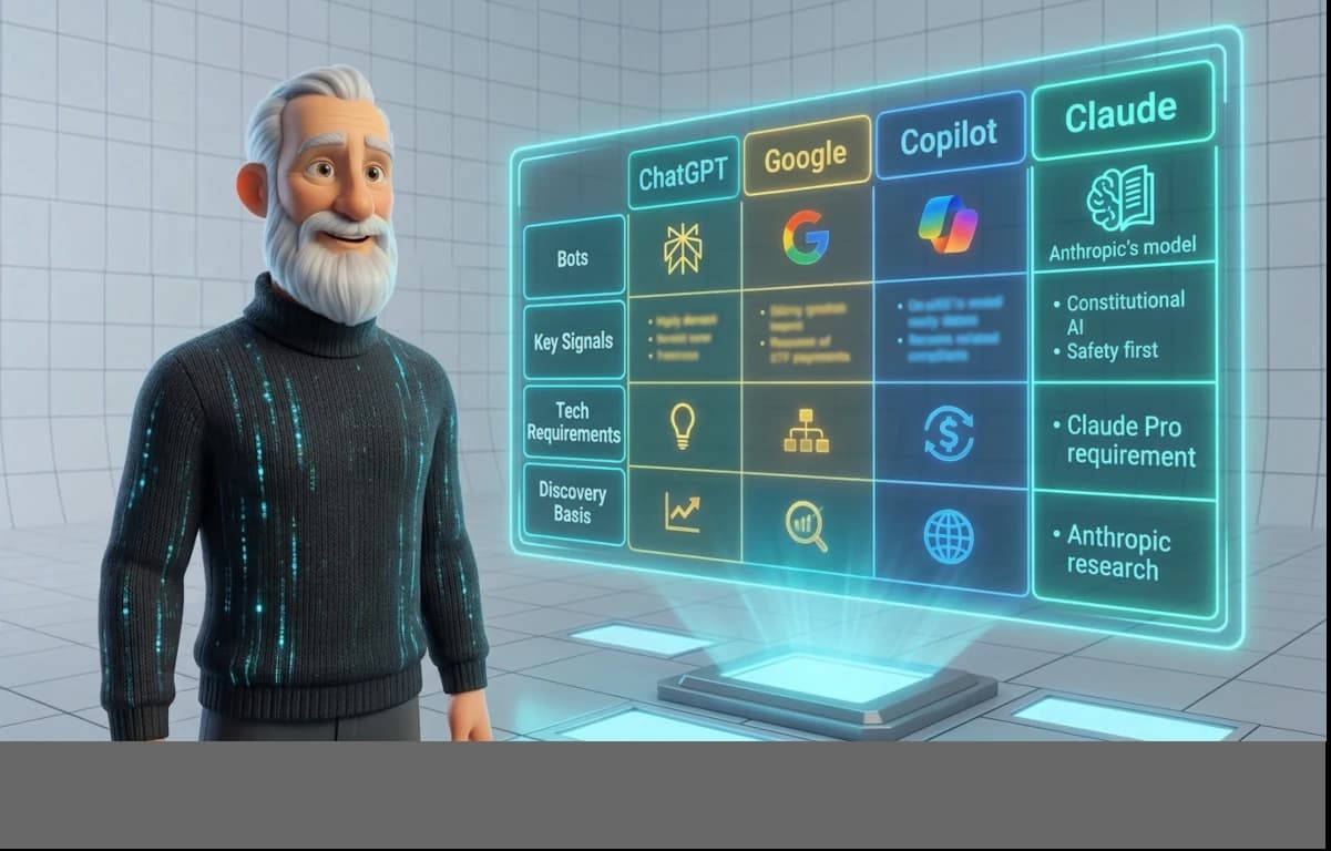 3D avatar standing next to a glowing holographic matrix comparing ChatGPT, Google, Copilot, and Claude for Answer Engine Optimisation (AEO).
