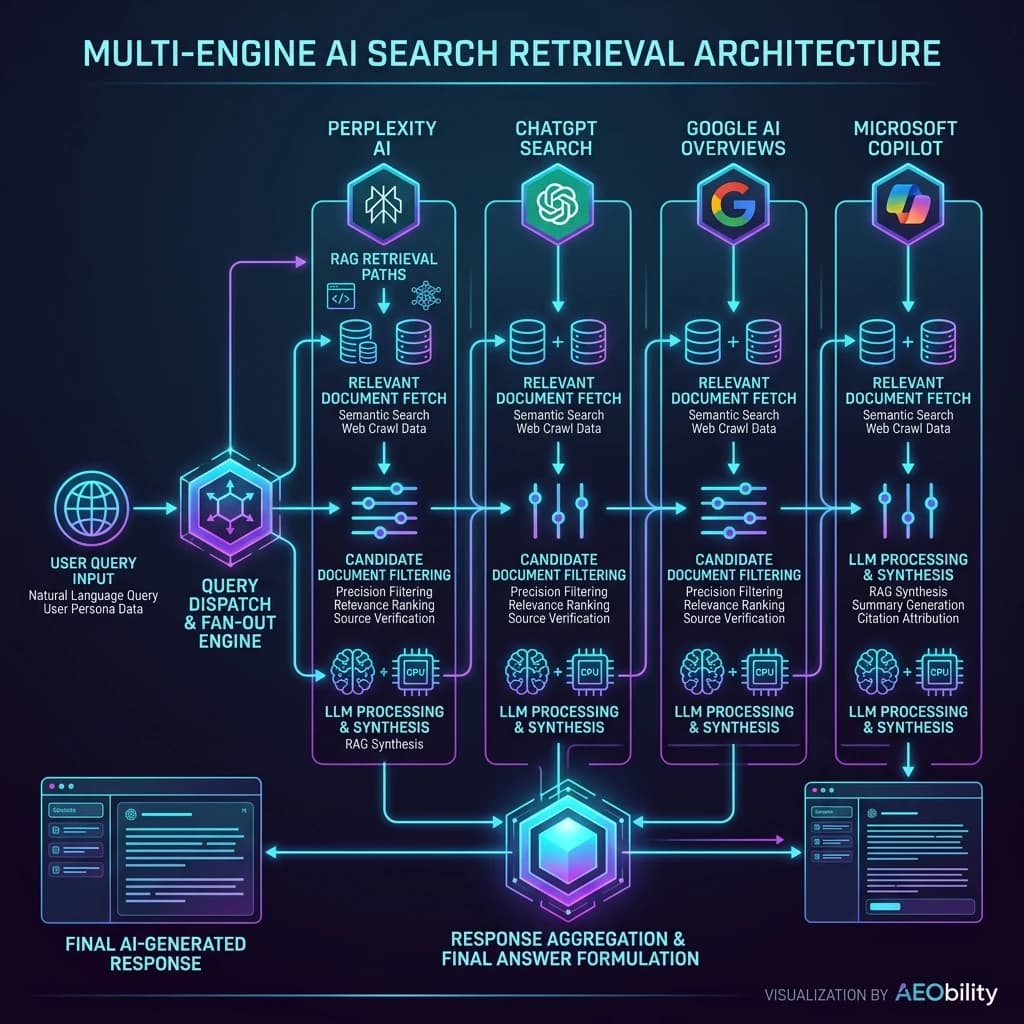 Diagram showing multi-engine query processing and answer synthesis