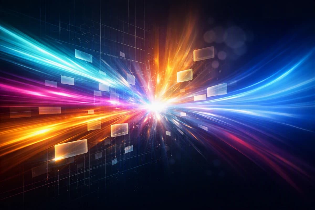 Abstract high‑velocity gradient artwork depicting multi‑engine retrieval convergence