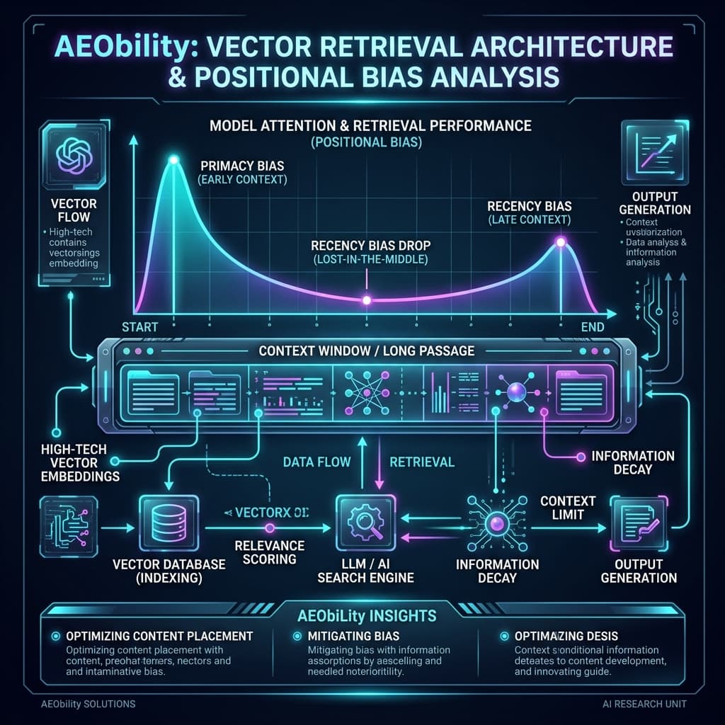High-tech vector retrieval architecture diagram illustrating positional bias in AI search engines and LLMs showing primacy and recency spikes and lost in the middle context window drop.