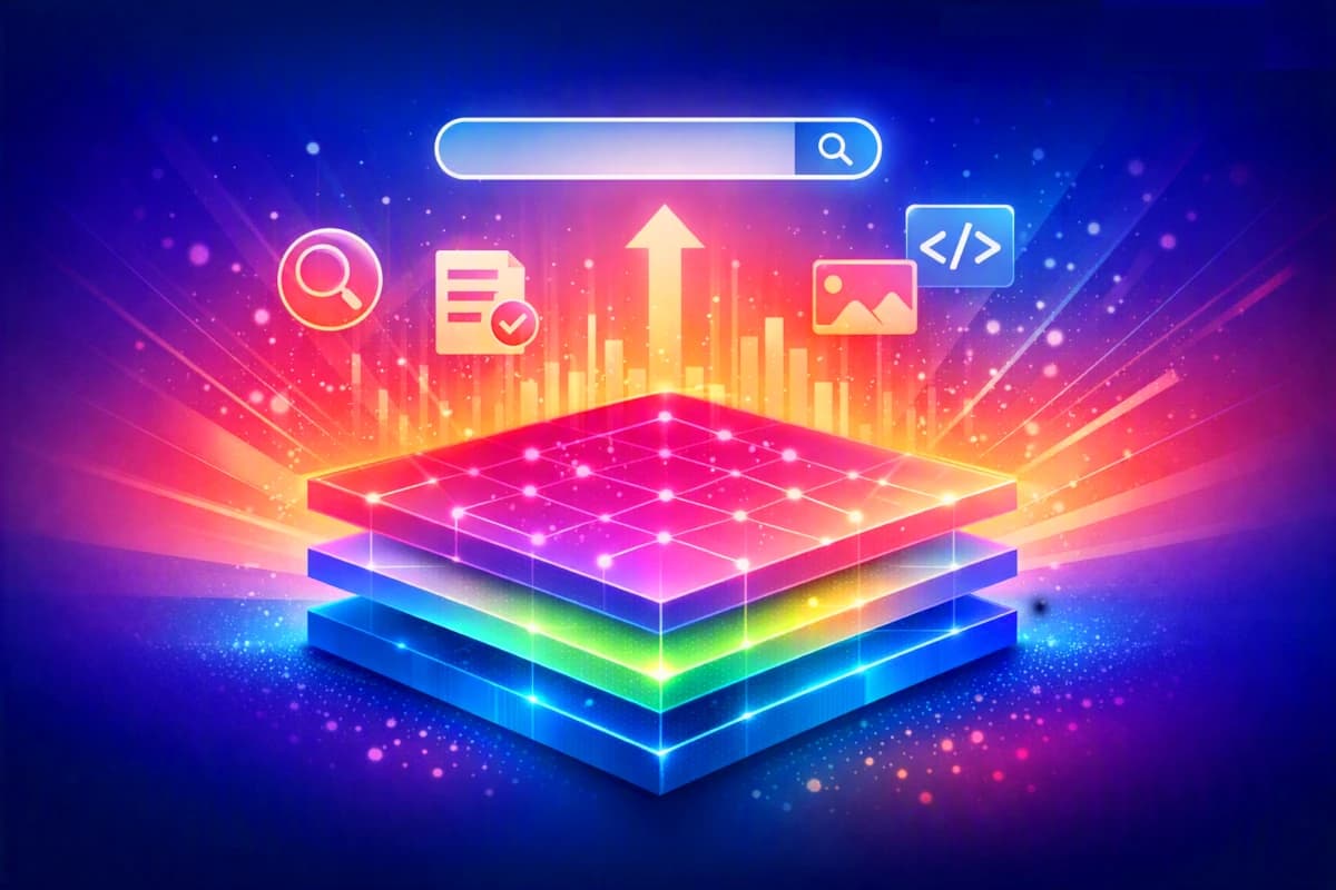 Abstract hyper-gradient illustration showing SEO as the foundational input layer for modern search.